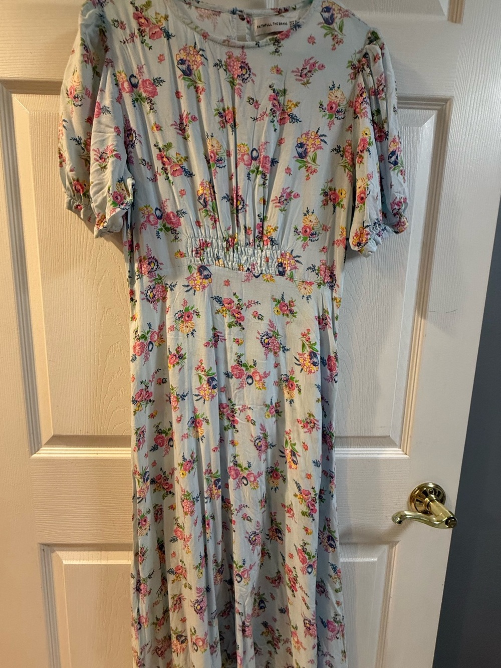 Faithfull The Brand Light Blue Floral Top with Pink & Green Accents